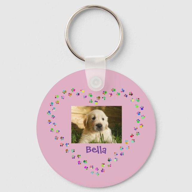 Dog Cat Paw Prints Heart Pet Photo Key Ring (Front)