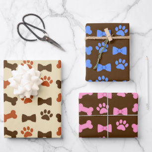 Dog Cat Paws and Ribbons Pattern Wrapping Paper Sheet