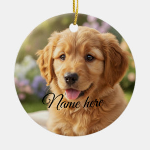Dog cat pet name photo template simple minimal ceramic ornament