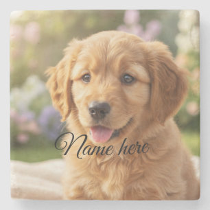 Dog cat pet name photo template simple minimal stone coaster