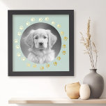 Dog cat pet paw print photo frame sea green<br><div class="desc">Create a poster of your dog or cat pet with this foil print featuring you photo inside a round pale sea green (or custom colour) frame with real foil gold or silver foil paw prints around it.</div>