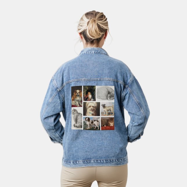 Dog Cat Pets 8 Photo Portrait Collage Keepsake Denim Jacket (Model)