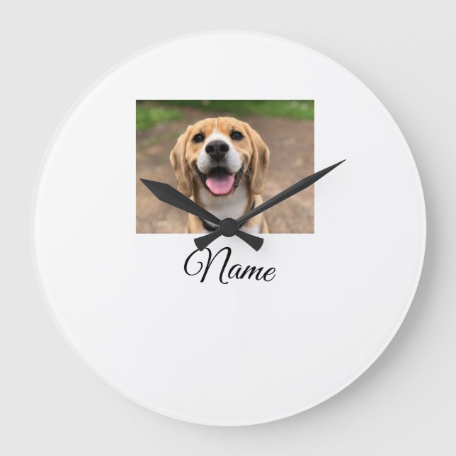 Dog cat photo add pet name cu custom personalised  large clock (Front)