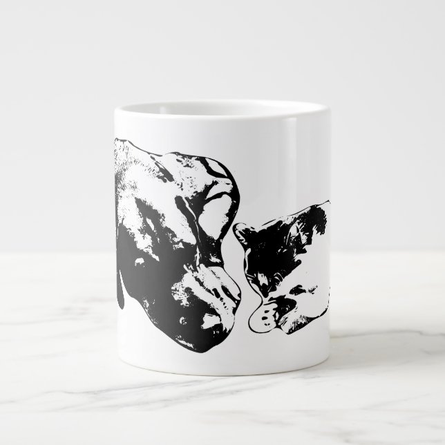Dog & Cat Resting Together Black & White Art Mug (Front)