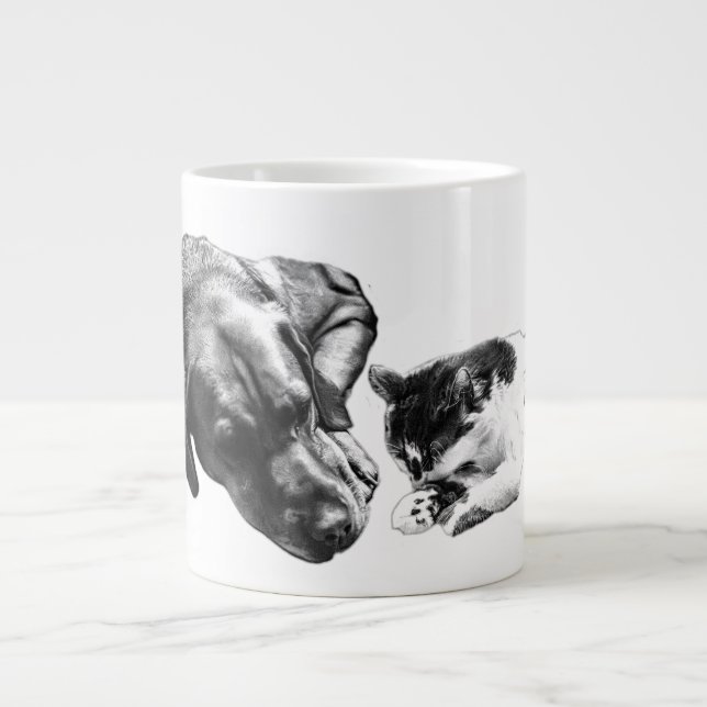 Dog & Cat Resting Together Monochrome Art Mug (Front)