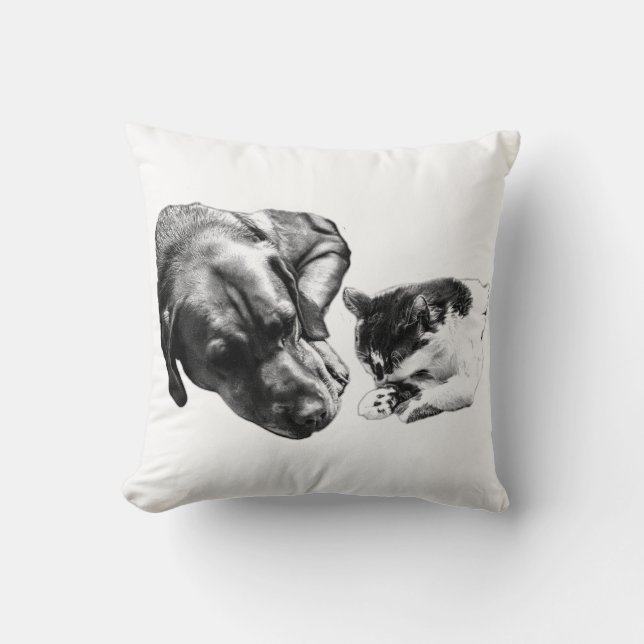 Dog & Cat Resting Together Monochrome Throw Pillow (Front)