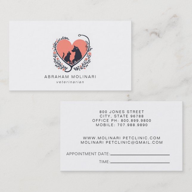 Dog Cat Stethoscope Logo Veterinarian Appointment Business Card (Front/Back)