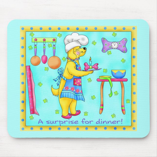 Dog Chef Cooking Dinner Art Turquoise Mousepad (Front)