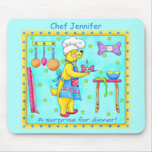 Dog Chef Cooking Dinner Art Turquoise Name Mouse Pad