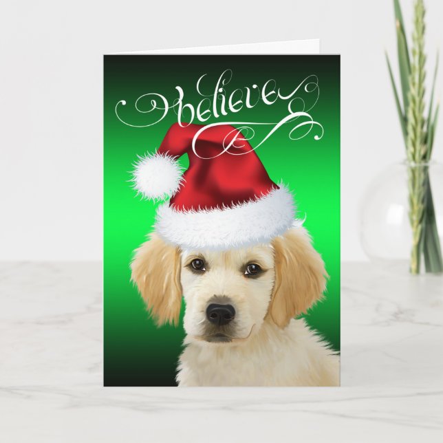 DOG Christmas | Believe Adorable Golden Santa Pup Holiday Card (Front)
