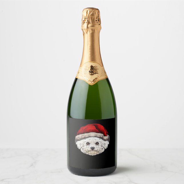 Dog Christmas Bichon Santa Hat On A Bichon Frise E Sparkling Wine Label (Front)