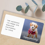 Dog Christmas | Modern Cute Puppy Happy Pawlidays Label<br><div class="desc">Simple, stylish custom photo Happy Pawlidays holiday return address labels with modern minimalist handwritten script typography and a simple black gradient on a raspberry red background. The photo of your beloved pet and text can easily be personalised for a design as unique as your special furbaby! The image shown is...</div>