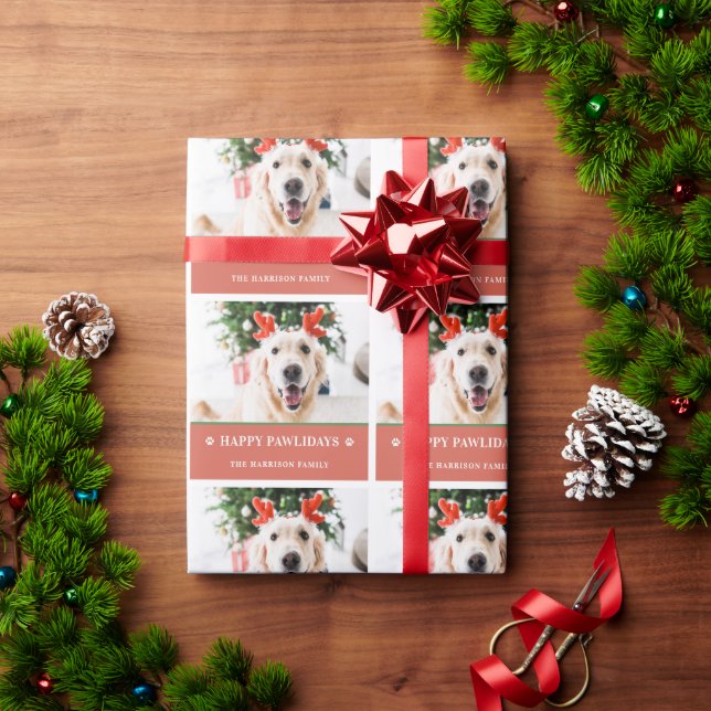 Dog Christmas Photo Happy Pawlidays Wrapping Paper (Holiday Gift)