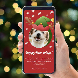 Dog Christmas Photo w/ Elf Reindeer Hat Digital Holiday Card