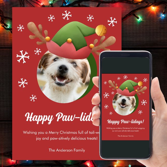 Dog Christmas Photo with Elf Reindeer Antlers Hat Holiday Card (Creator Uploaded)