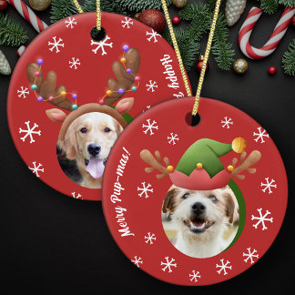 Dog Christmas Photos w/ Elf Reindeer Antler Hats Ceramic Ornament