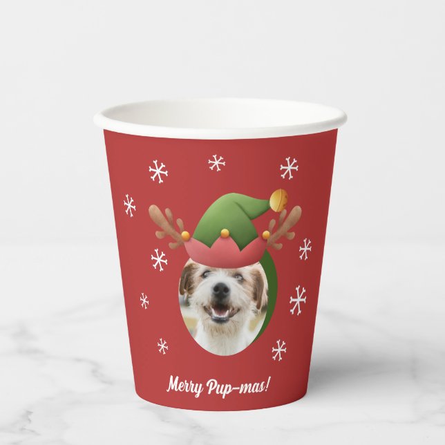Dog Christmas Photos w/ Elf Reindeer Antler Hats Paper Cups (Front)