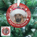 Dog Christmas Snowflakes 2 Photo Red White Ornament<br><div class="desc">Create a personalised photo keepsake ornament for a puppy or dog with this festive red and white round acrylic ornament featuring 2 pictures (one on each side), dog pawprints and snowflakes with your custom text (the sample shows Name's First Christmas). The design is duplicated on both sides with the same...</div>