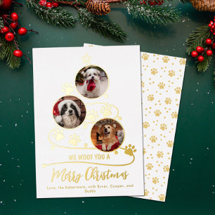 Dog Christmas Tree Pet 3 Photos Foil Holiday Card