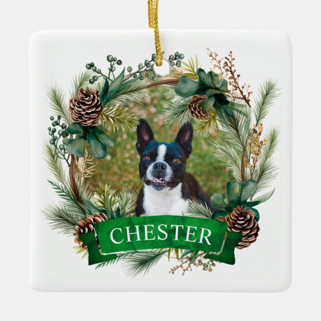 Dog Christmas Wreath Ceramic Ornament (Front)