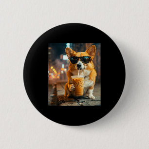 Dog corgi drinking iced coffee funny animal meme 6 cm round badge