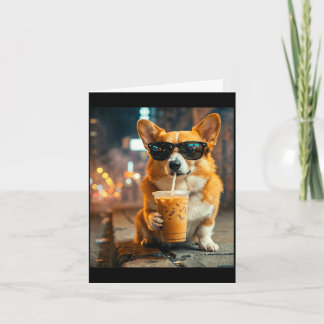 Dog corgi drinking iced coffee funny animal meme card