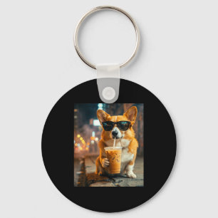 Dog corgi drinking iced coffee funny animal meme key ring