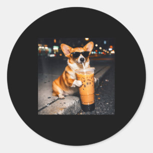 Dog Corgi Drinking Iced Coffee Funny Animal Meme M Classic Round Sticker