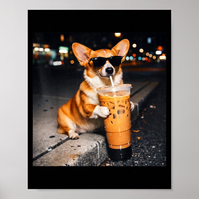 Dog Corgi Drinking Iced Coffee Funny Animal Meme M Poster (Front)