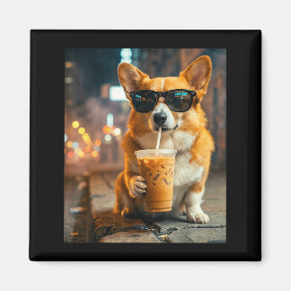 Dog corgi drinking iced coffee funny animal meme magnet