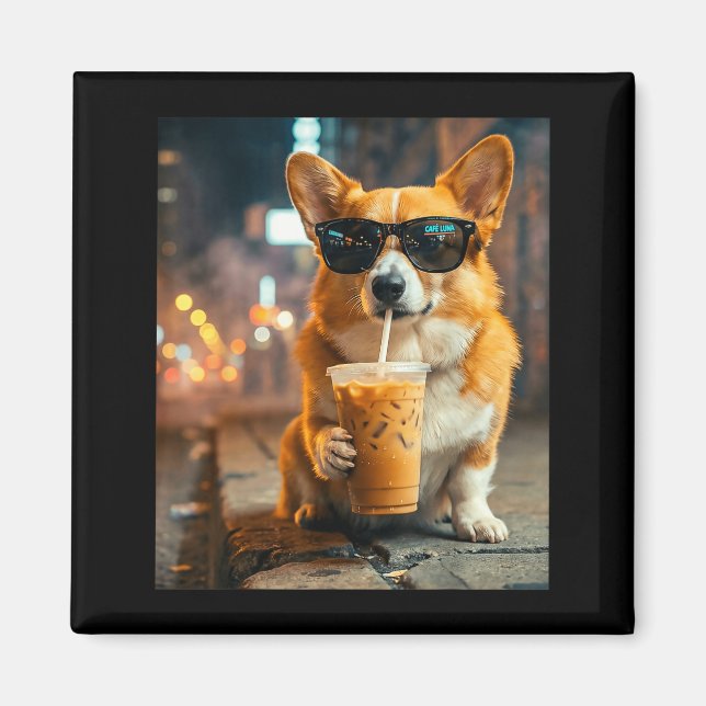 Dog corgi drinking iced coffee funny animal meme magnet (Front)