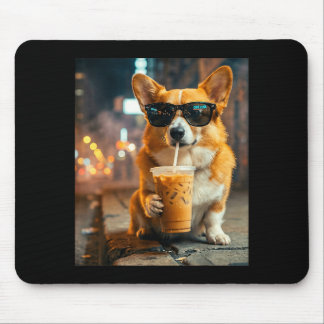 Dog corgi drinking iced coffee funny animal meme mouse pad