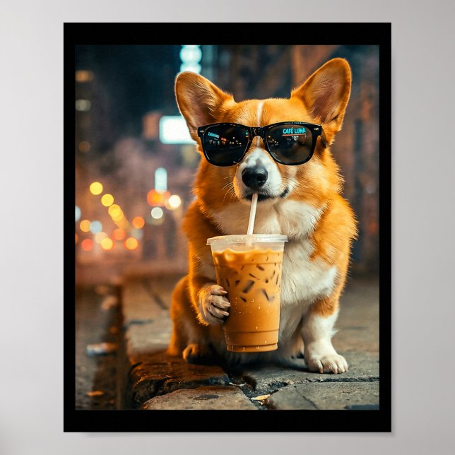 Dog corgi drinking iced coffee funny animal meme poster (Front)