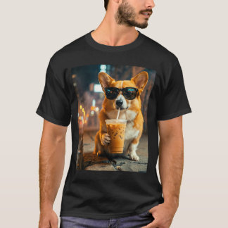 Dog corgi drinking iced coffee funny animal meme T-Shirt