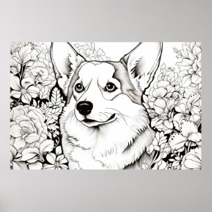 Dog Corgi Peaceful Nature Prairie Sketch Drawing Poster