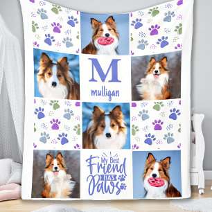 Dog Custom Pet 6 Photo Collage Colourful Paw Print Fleece Blanket