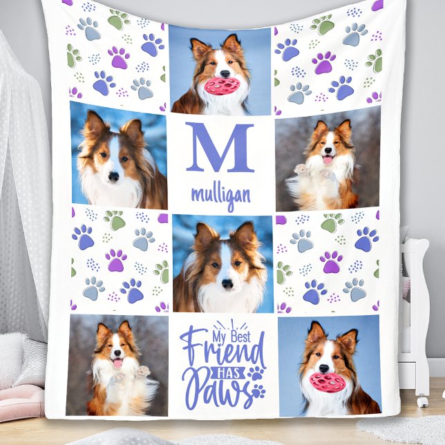 Dog Custom Pet 6 Photo Collage Colourful Paw Print Fleece Blanket (Creator Uploaded)