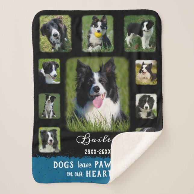 Dog Custom Photo Collage Faded Borders Black Blue Sherpa Blanket (Front)