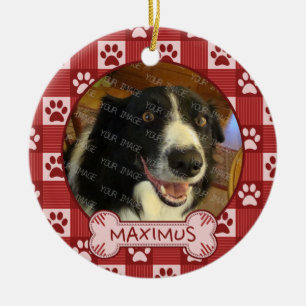 Dog Custom Photo Name   Red Paw Print Gingham Bone Ceramic Tree Decoration