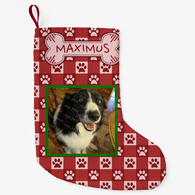 Dog Custom Photo Name | Red Paw Print Gingham Bone Small Christmas Stocking (Front)
