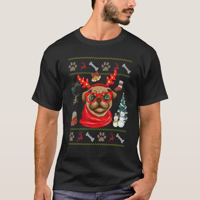 Dog  Cute Pug Reindeer Antlers Ugly Christmas T-Shirt (Front)