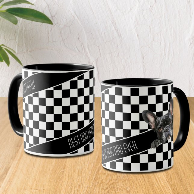 Dog Dad Chequered White Black Frenchie Custom  Mug (Creator Uploaded)