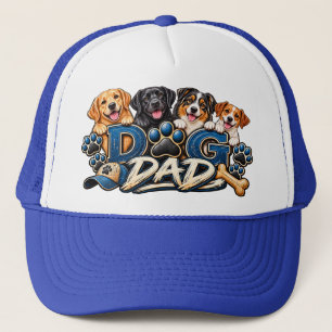 Dog Dad Four Dogs Paw Print Blue Trucker Hat