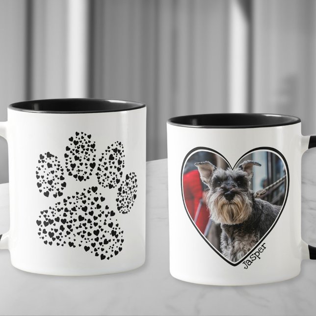 Dog Dad Heart Paw Print Personalised Photo Mug (Custom photo mug with a heart-filled paw and your dog's photo in a heart shape)