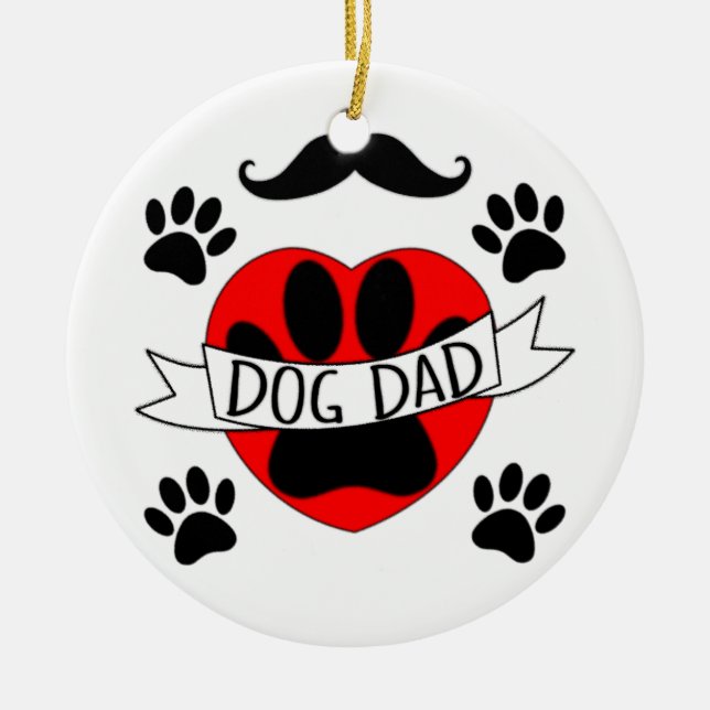 Dog Dad Paw And Red Heart Drawing Ceramic Ornament (Front)