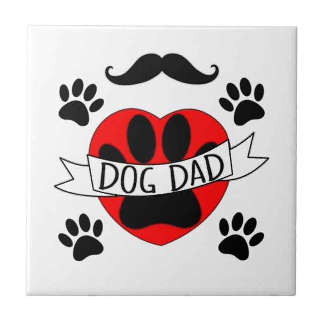 Dog Dad Paw And Red Heart Drawing Ceramic Tile (Front)
