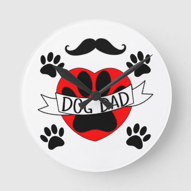 Dog Dad Paw And Red Heart Drawing Round Clock (Front)