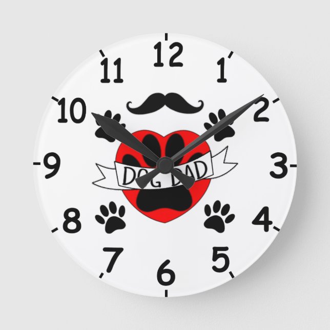 Dog Dad Paw And Red Heart Drawing With Numbers Round Clock (Front)