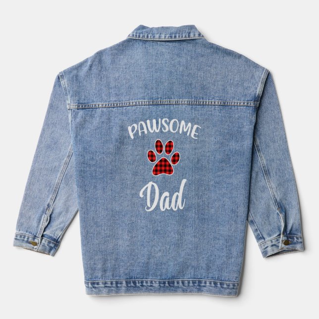 Dog Dad Paw Print Red Buffalo Plaid Matching Pajam Denim Jacket (Back)