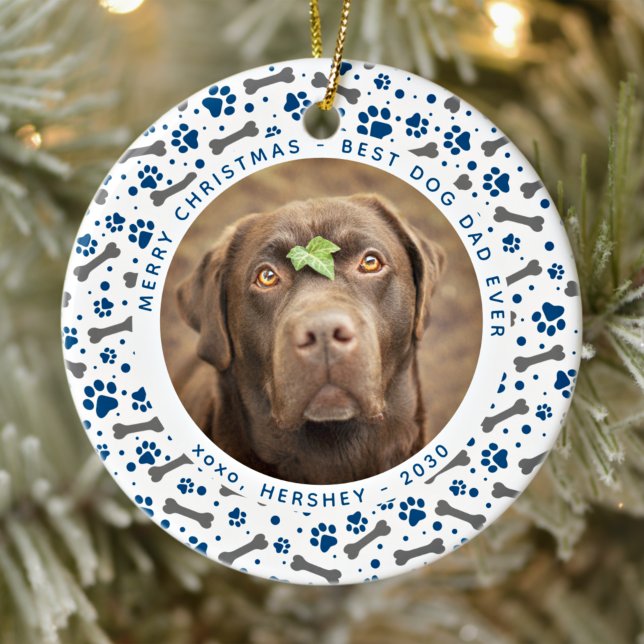 DOG DAD Paw Prints Custom Pet Photo Christmas Ceramic Ornament (Creator Uploaded)